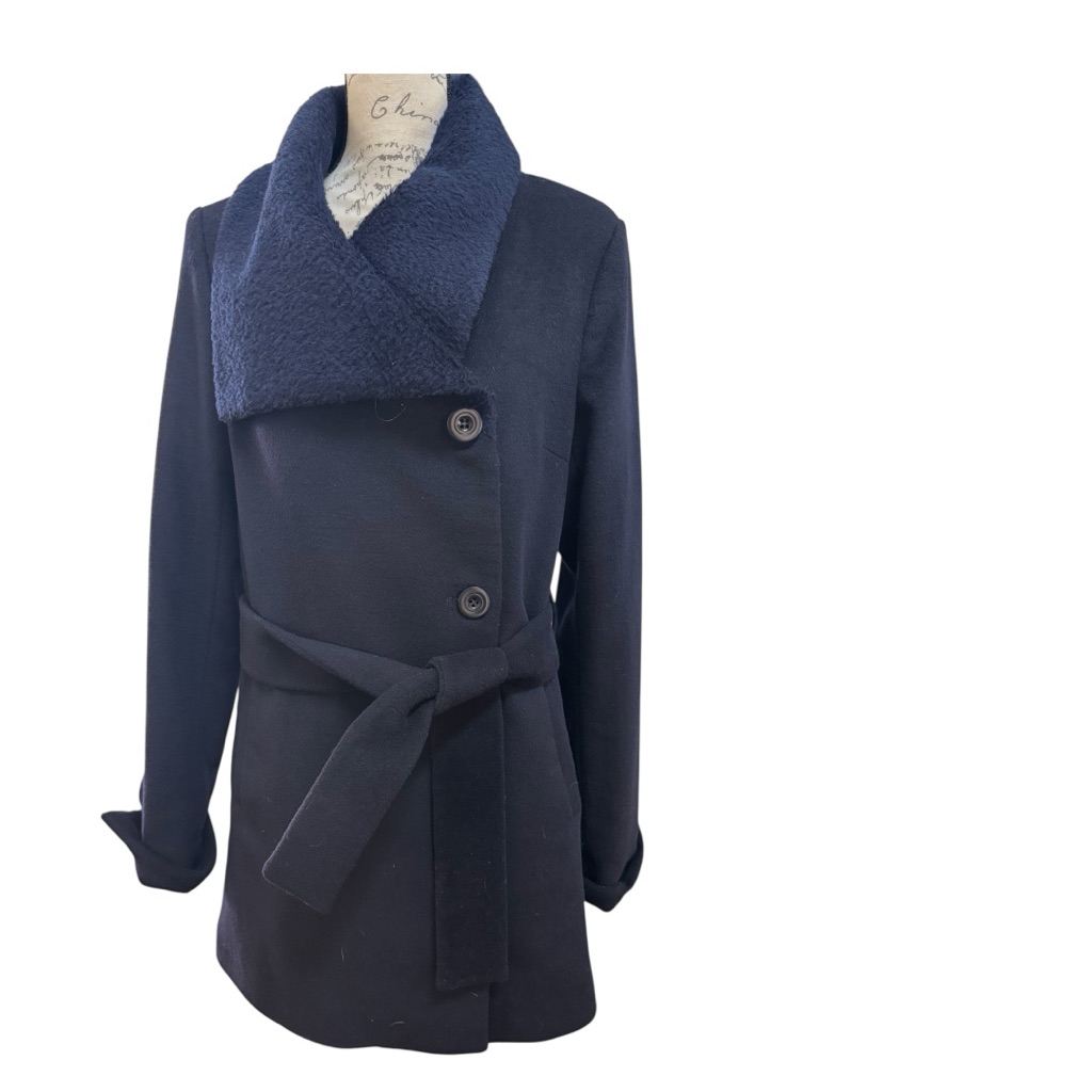 Trina Turk Navy Double-Breasted Belted Pea Coat With Shawl Collar